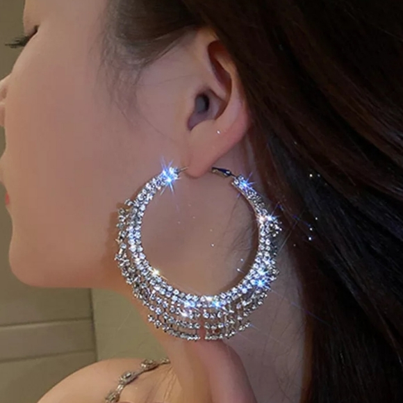 Jewelry - 🎀Shimmering Large Rhinestone Hoop Tassel Earrings